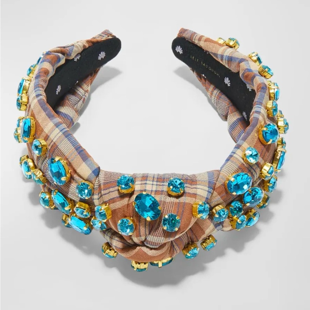 Lele Sadoughi Turquoise Crystal Embellished Plaid Knotted Headband